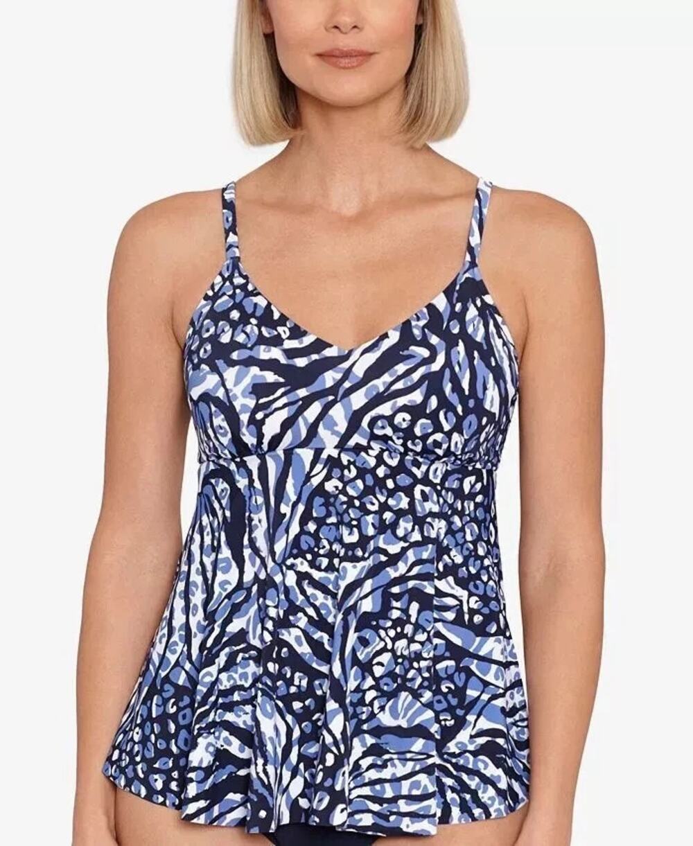 NWT Swim Solutions Blue Leopard Animal V-Neck Swim Tankini Top Women's Size 12